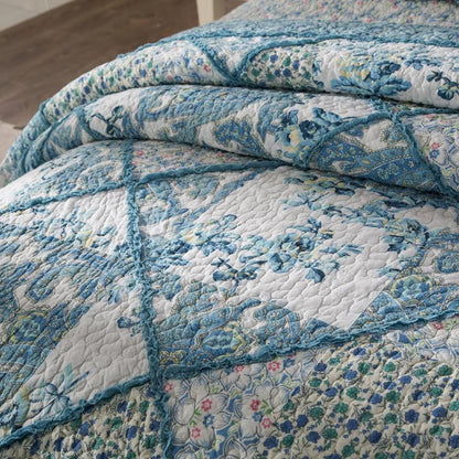 Tache Petal Dance White Blue Floral Paisley Vintage Garden Scalloped Cotton Patchwork Quilt Set (JHW-646)