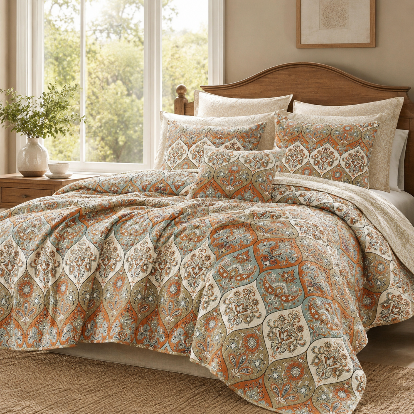 DaDa Bedding Bohemian Floral Paisley Garden Coral Teal Quilted Bedspread Set (LH1403)