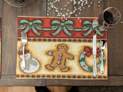 DaDa Bedding Set of 8 Pieces Gingerbread Sweets Holiday Table Tapestry - 4 Placemats, 2 Table Runners, 2 Throw Pillow Covers (12917)