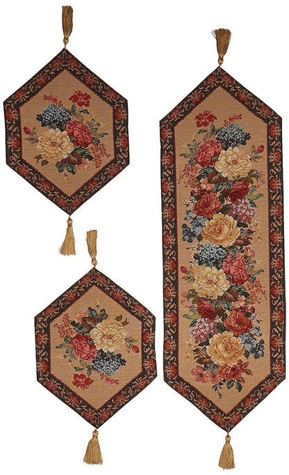 DaDa Bedding Set of 3-Pieces - Breath of Spring Floral Beige Woven Dining Tapestry Table Runners (3089)