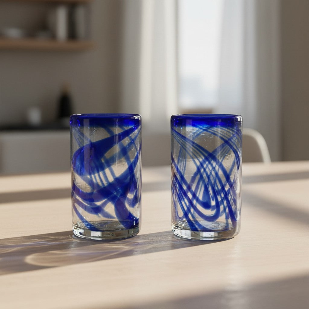 Blue Swirl Hand-Blown Glass | Mexican Drinking Tumbler