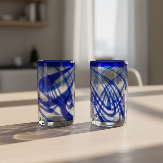 Blue Swirl Hand-Blown Glass | Mexican Drinking Tumbler