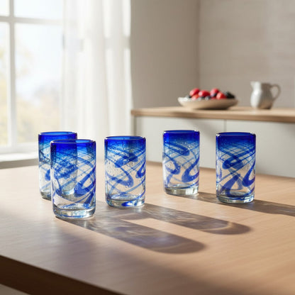 Blue Swirl Hand-Blown Glass | Mexican Drinking Tumbler