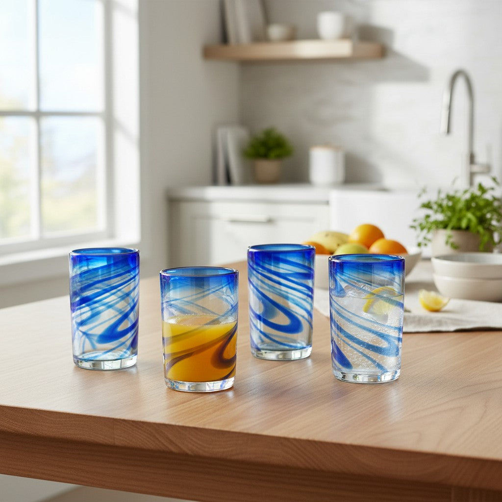 Blue Swirl Hand-Blown Glass | Mexican Drinking Tumbler