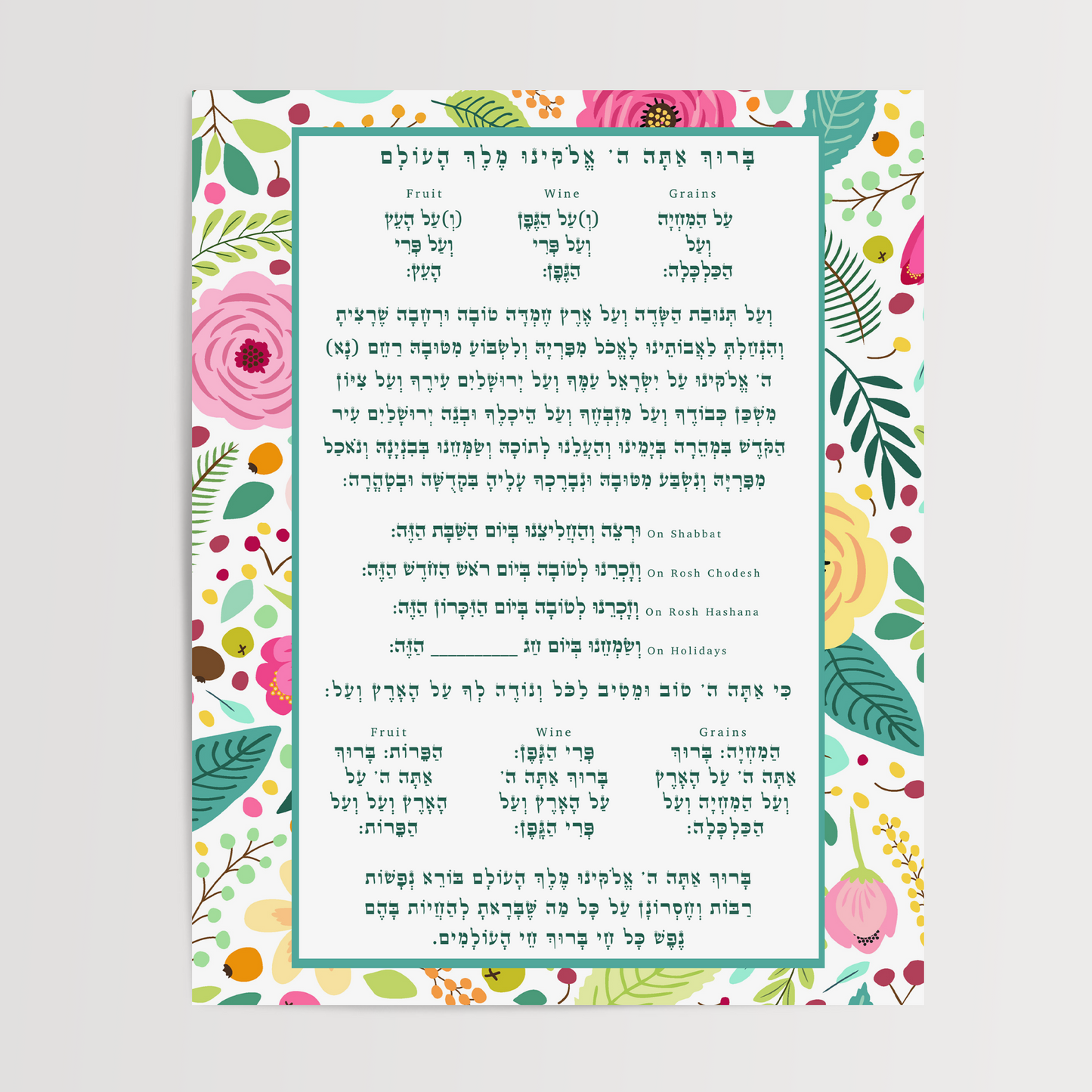 Al Hamichiya & Borei Nefashot Jewish Blessings Kitchen Decor Wall Art Teal