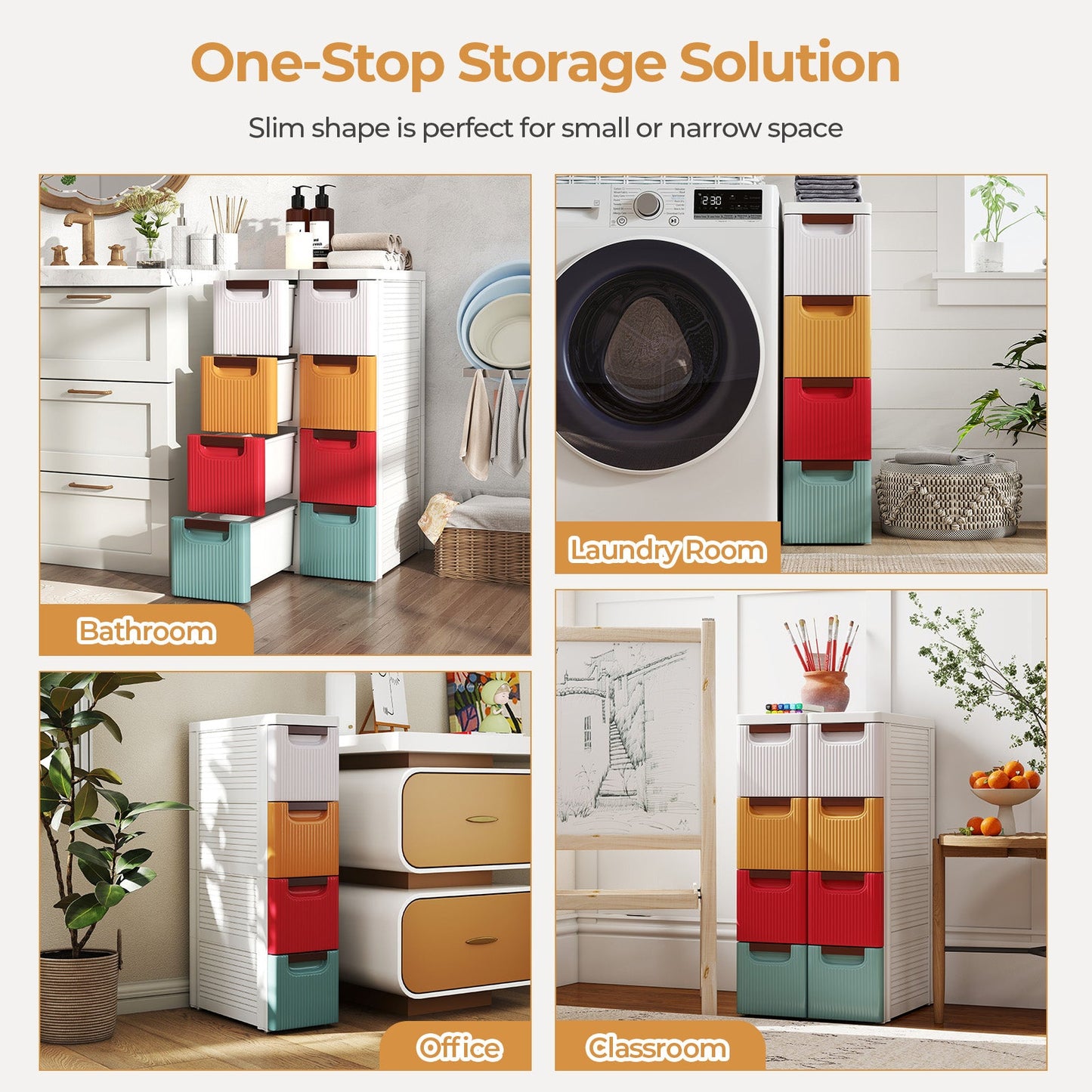 4-Drawer Rolling Organizer Unit Narrow Storage Cabinet with Built-In Wheels for Small Space-Colorful