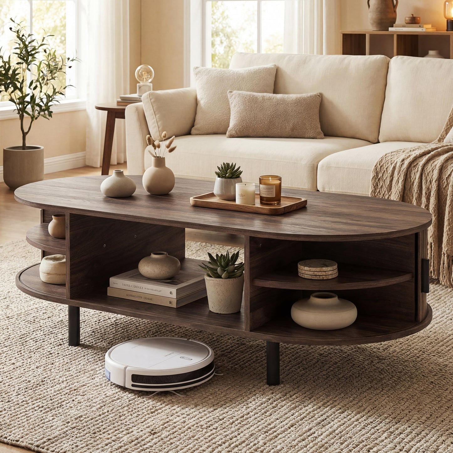 Oval Coffee Table 47.5inch Wooden Center Table with Storage