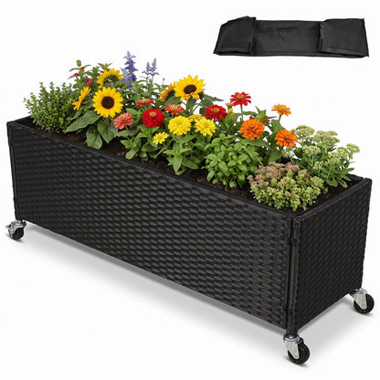 Raised Garden Bed with Wheels - PE Rattan Planter Box
