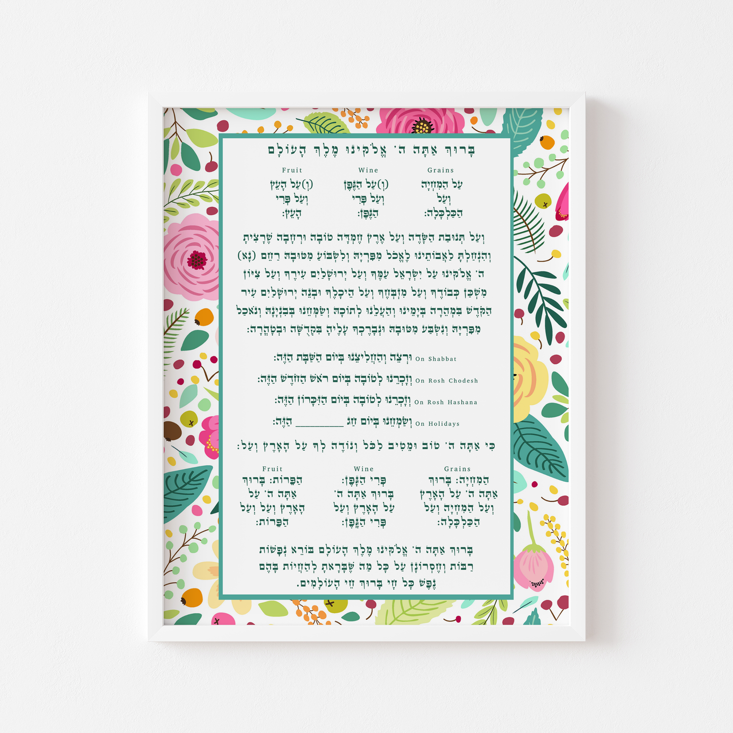 Al Hamichiya & Borei Nefashot Jewish Blessings Kitchen Decor Wall Art Teal